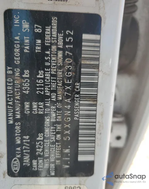 2014 Kia Optima Ex из США, поврежденный, VIN 5XXGN4A7XEG307152